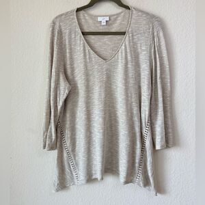 J. Jill Lagenlook Tunic Top Sz L Linen Cotton Blend Slub Knit V-Neck 3/4 Sleeve